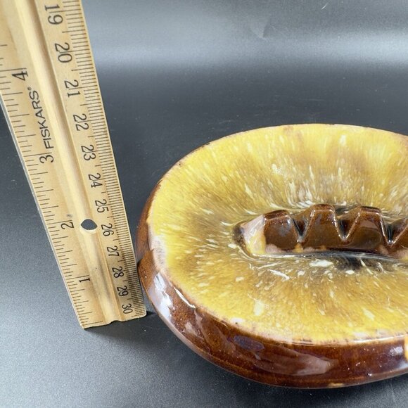 Vintage Mid Century Ceramic RedWare Pottery Ashtray Dish Brown Yellow Drip Glaze - Picture 4 of 13